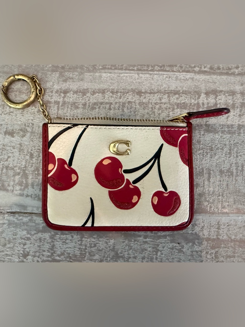 Coach Cream Cherry-Print Zip Wallet with Gold 'C' Logo